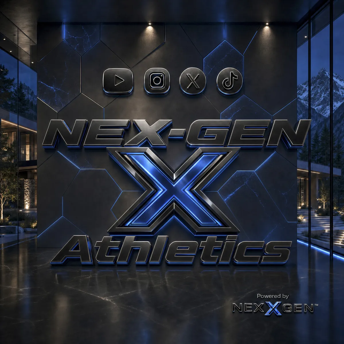 NEX-GEN Athletics logo wall inside a dark alpine villa with snowy peaks through the glass